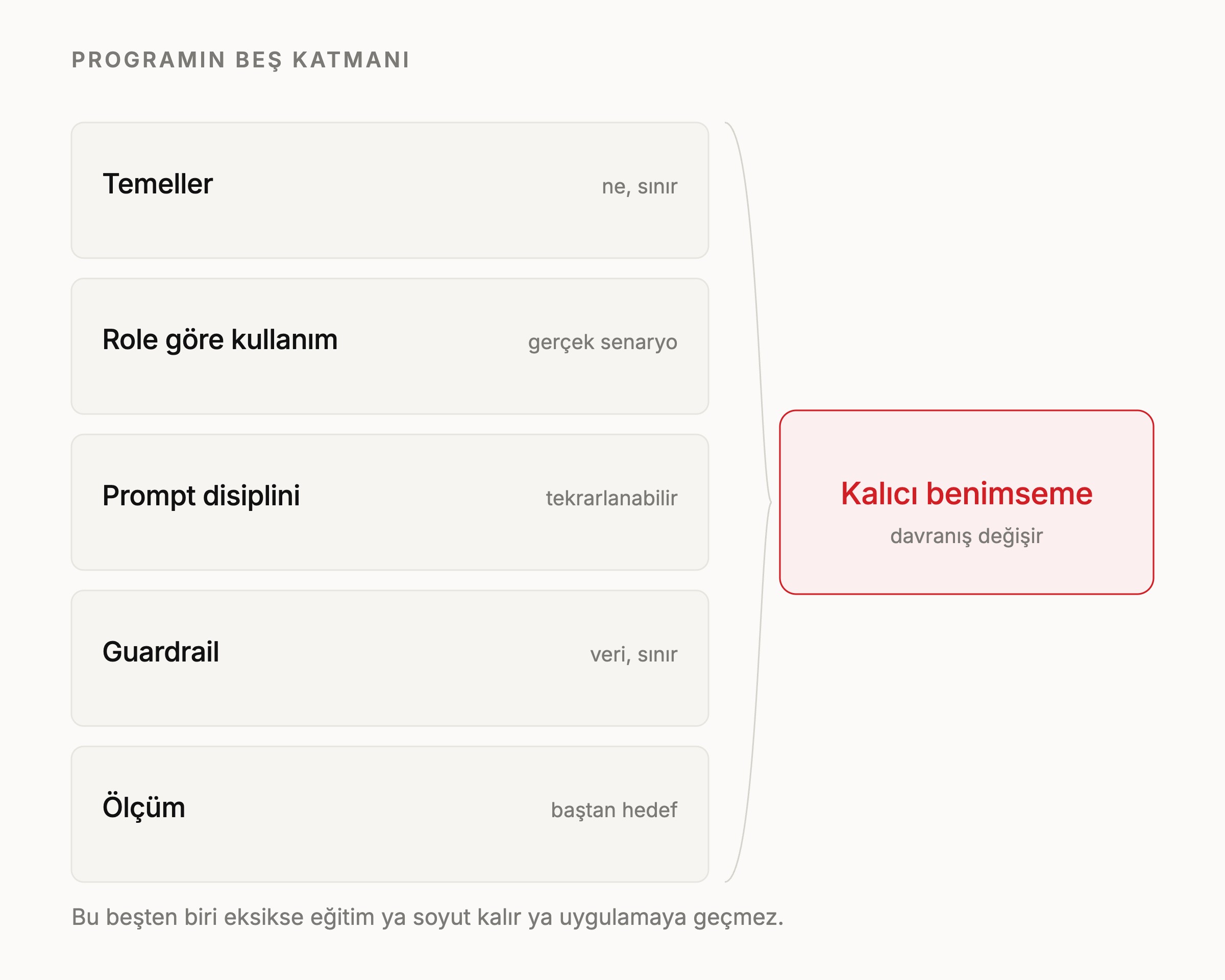 Programın beş katmanı: temeller, role göre kullanım, prompt disiplini, guardrail ve ölçüm; birlikte kalıcı benimseme.